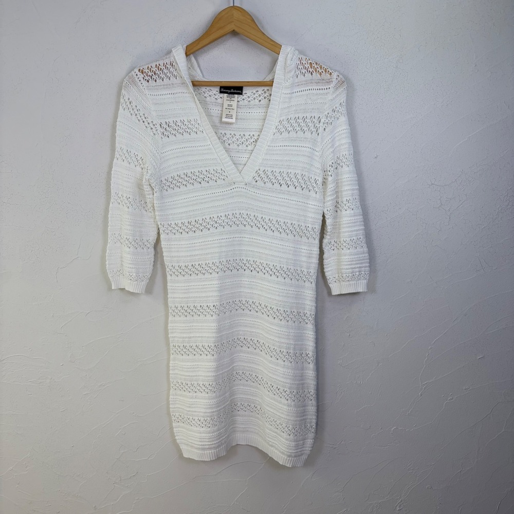 Tommy Bahama Crochet Hooded Cover Up Dress Women M White Open Knit Coastal